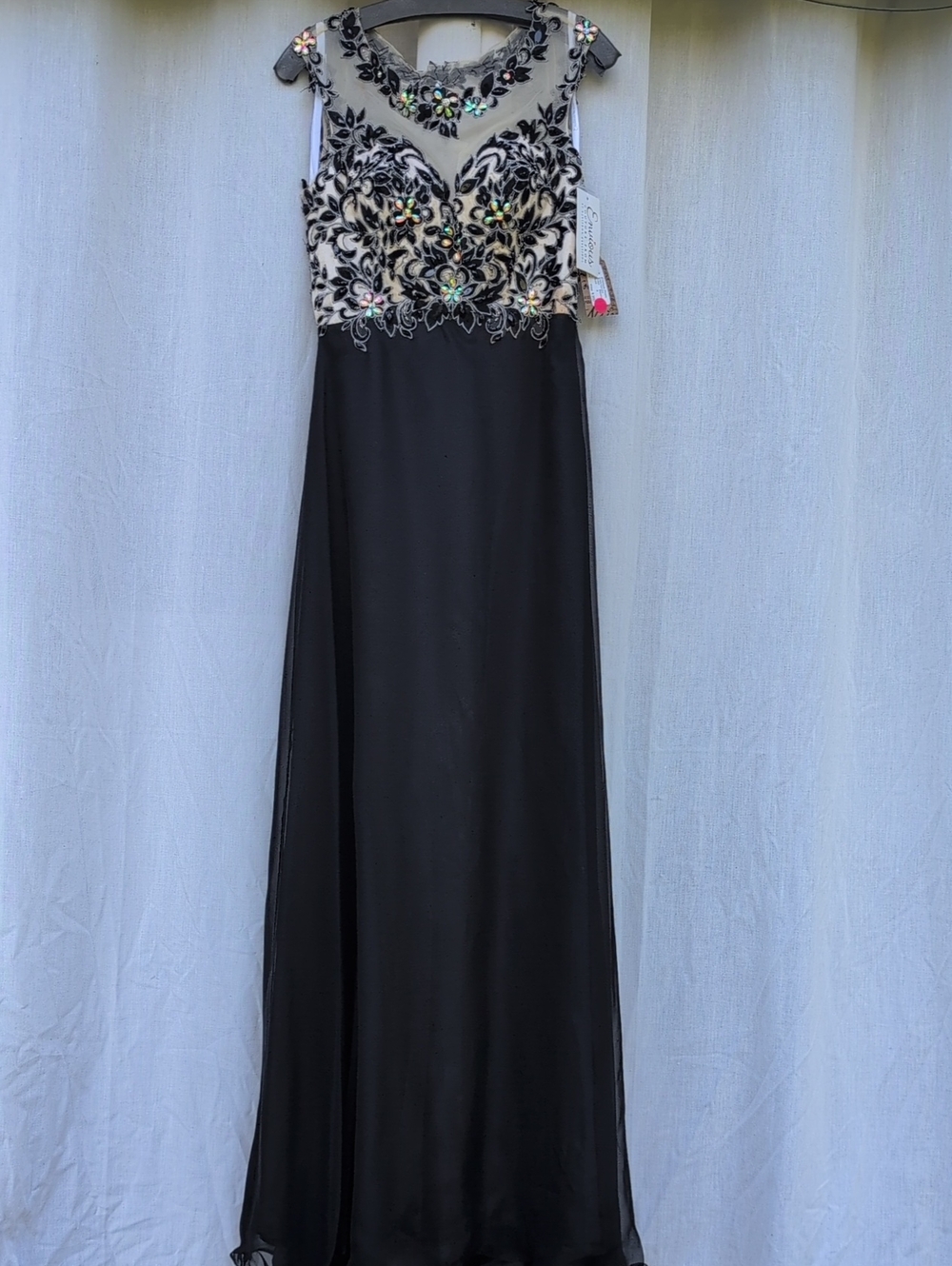 Black Maxi Dress with Embellished Ivory Illusion Bodice